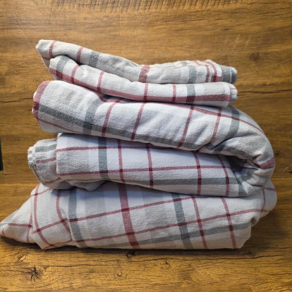 Modern Southern Home Red Grey Green Flannel King Flat Fitted Sheet set